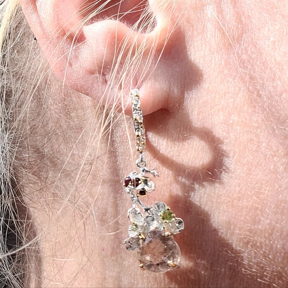 Stunning Rutilated Quartz Peridot Ruby& Sapphire Floral chandelier earrings - Picture 11 of 13